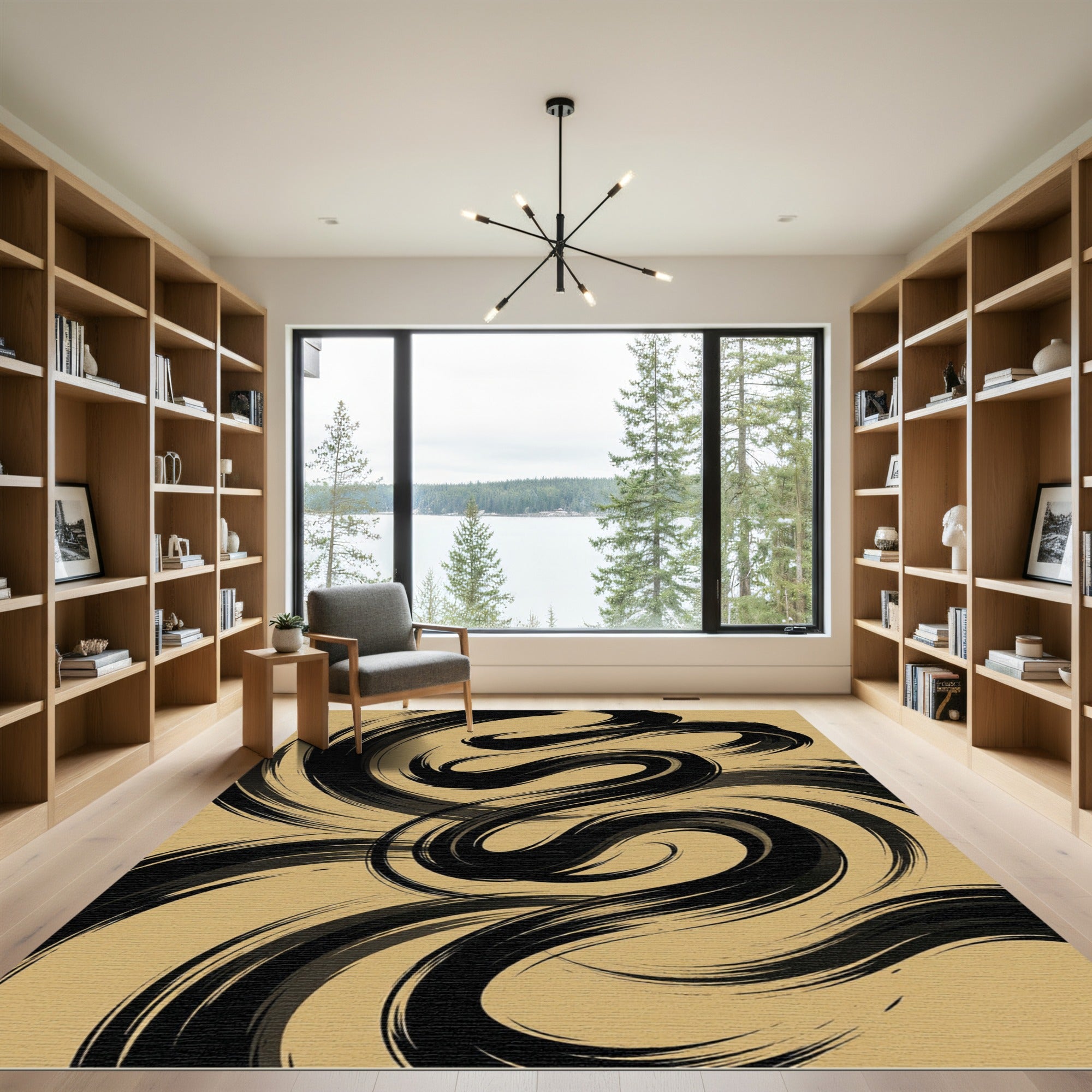 Abstract Organic Black Swirl Gold Rug