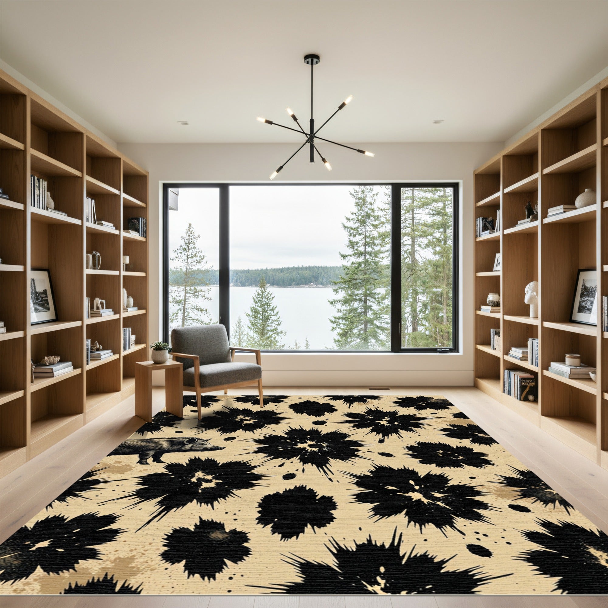 Rustic Black Splatter Flower Pig Rug