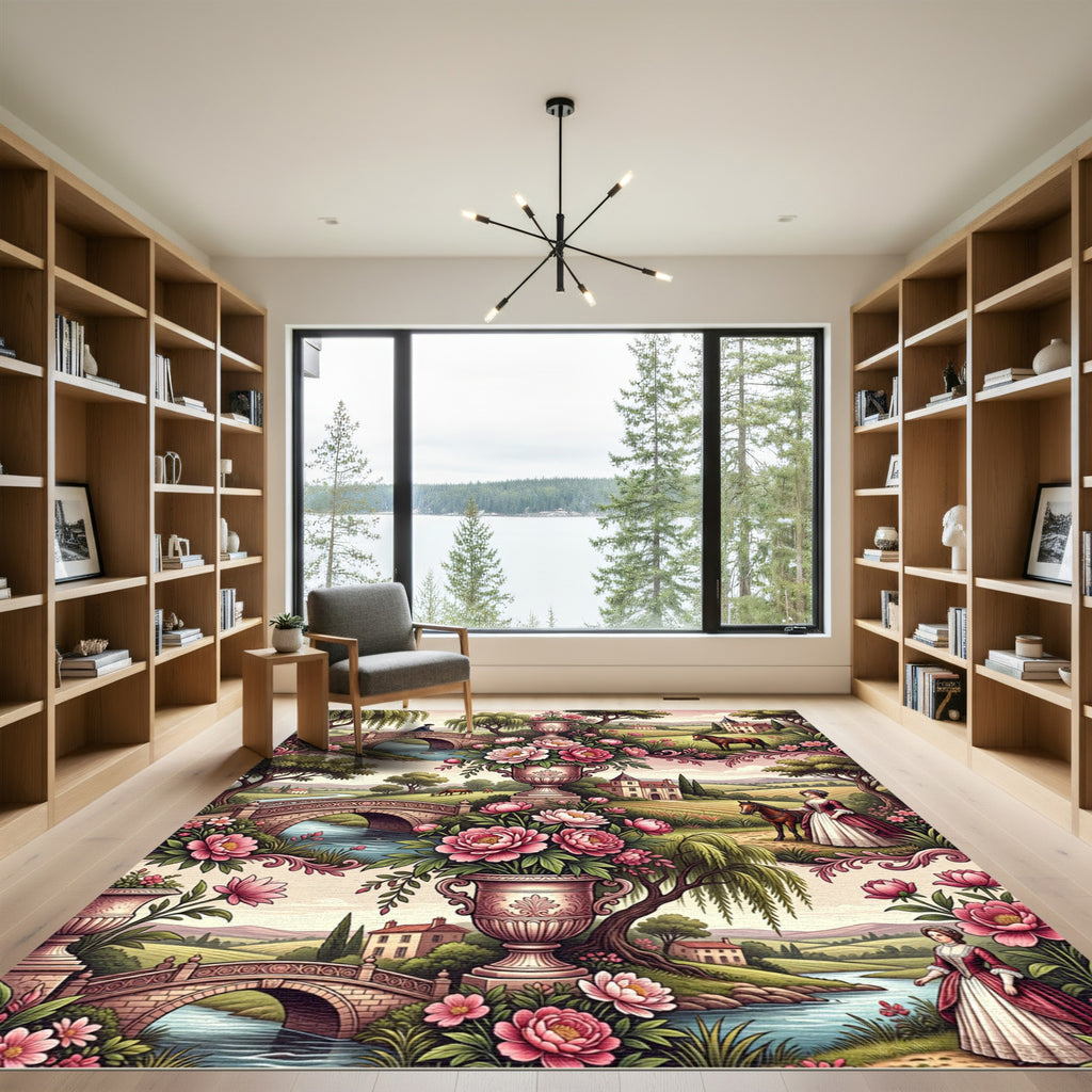 Vintage Pink Floral Landscape Vases Rug