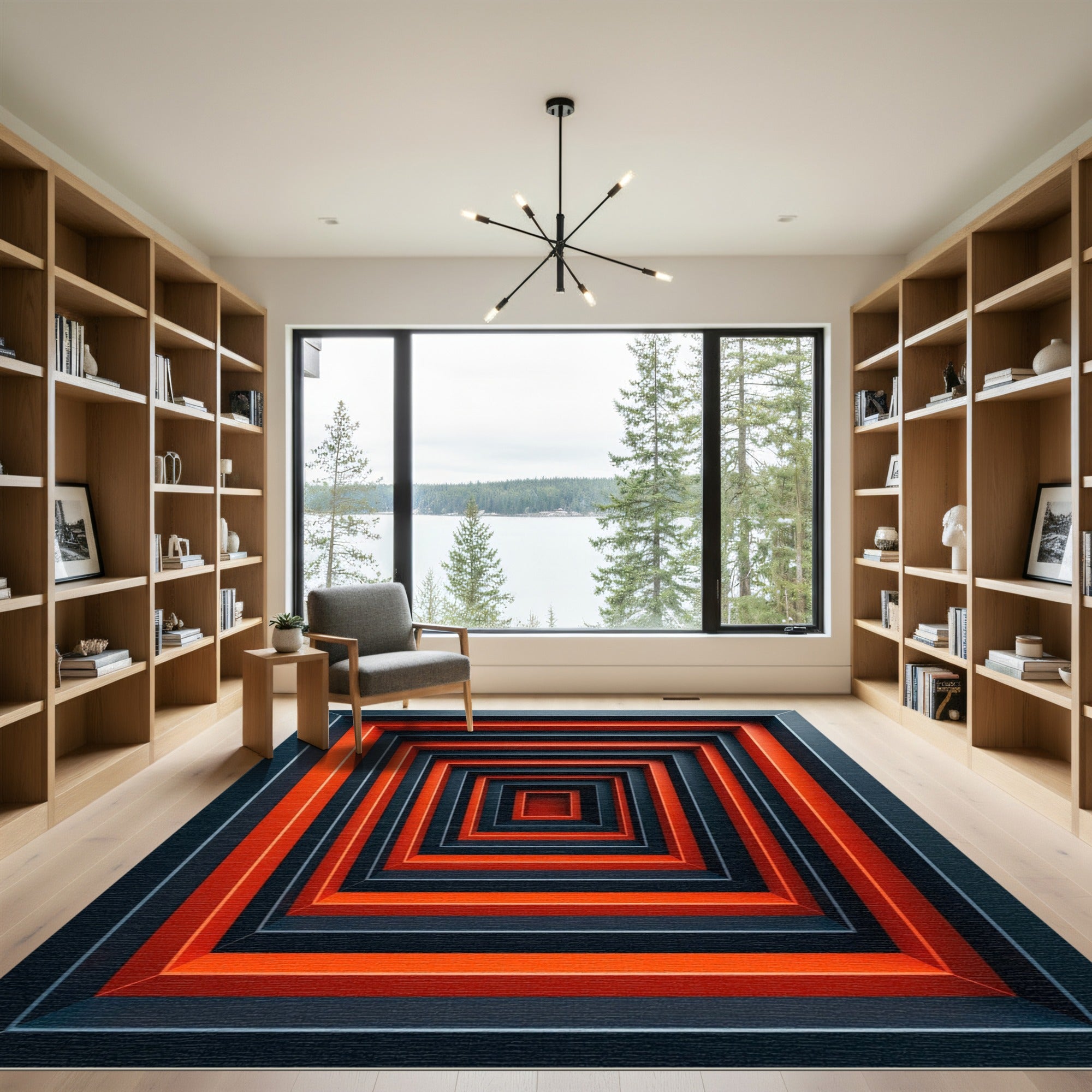 Fiery Red Black Concentric Square Rug
