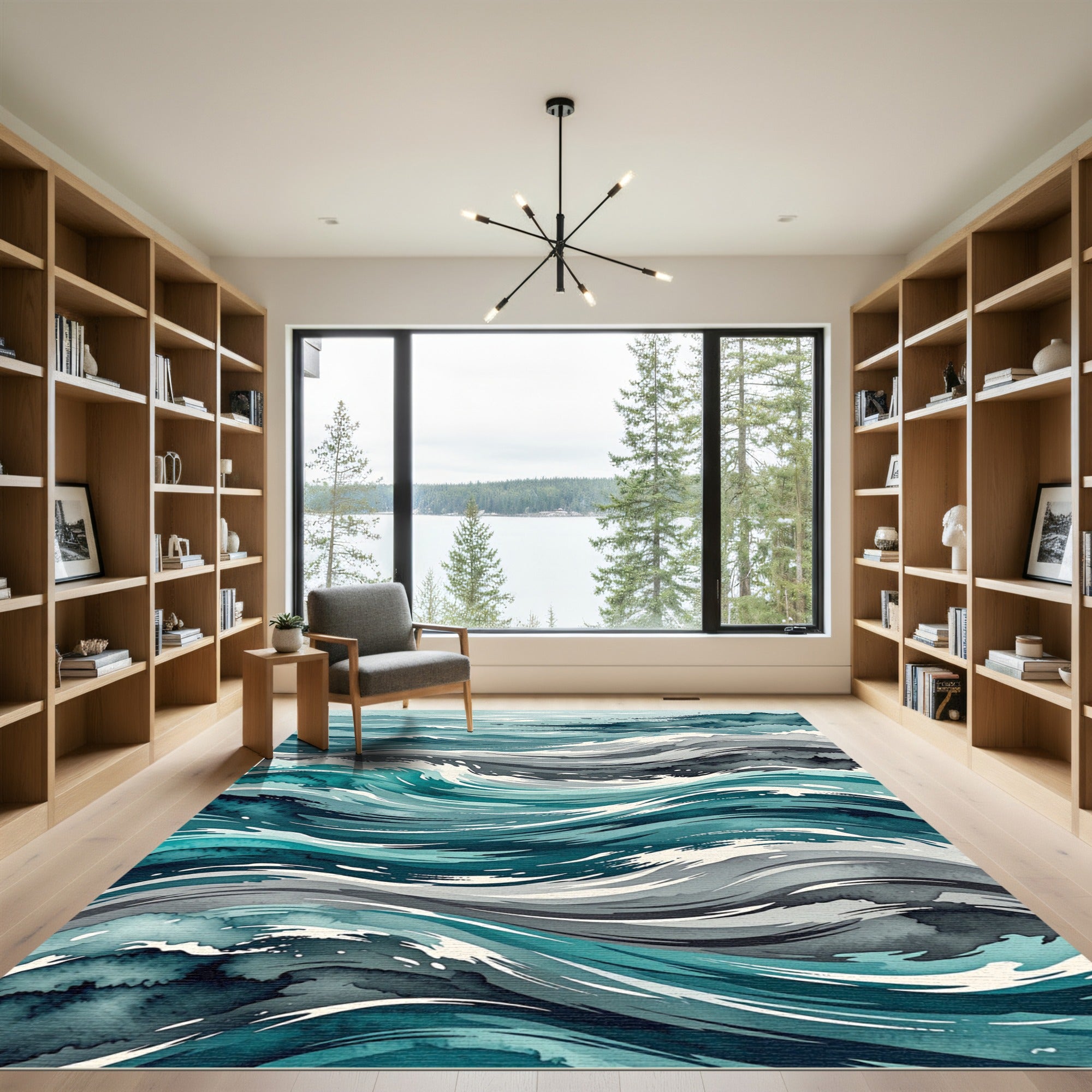 Abstract Teal Serene Ocean Waves Rug