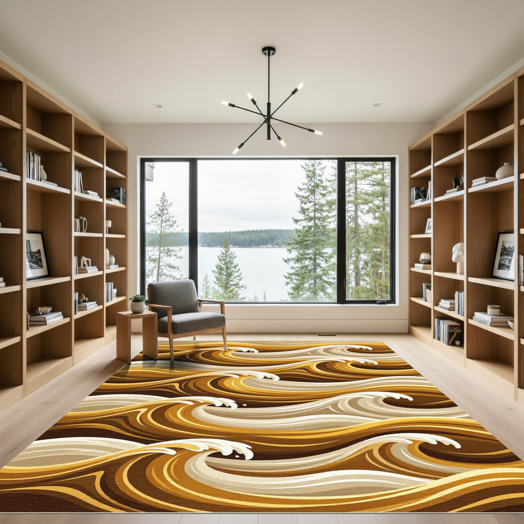 Golden Abstract Wave Swirl Rug
