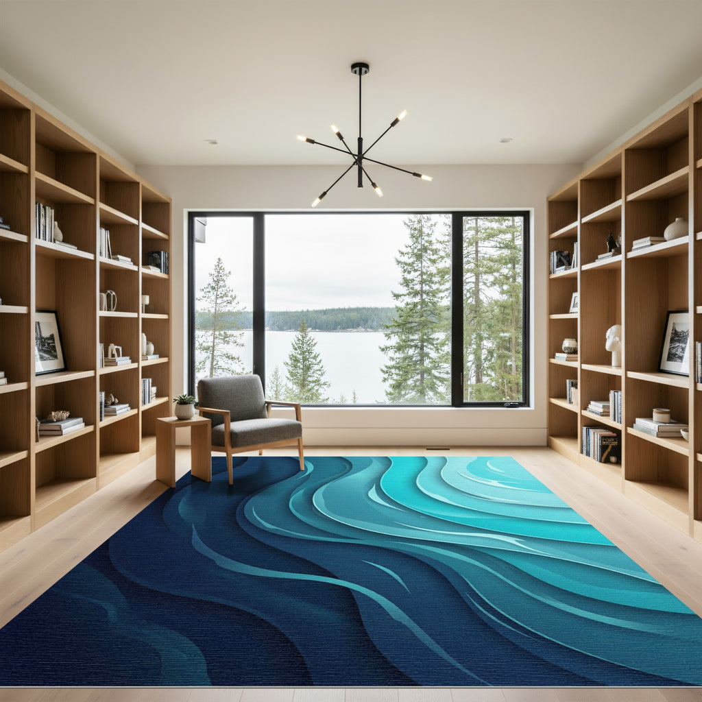 Abstract Oceanic Indigo and Teal Waves Rug