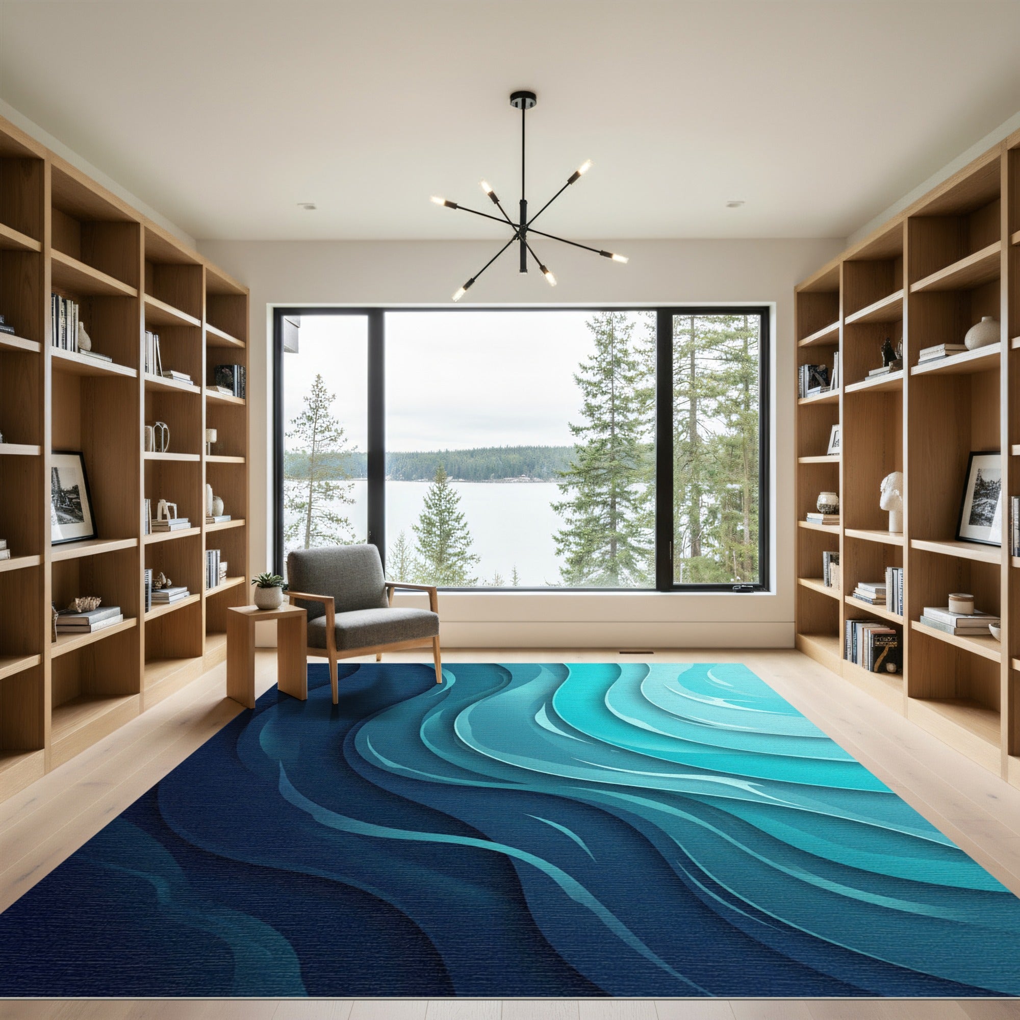 Abstract Oceanic Indigo and Teal Waves Rug