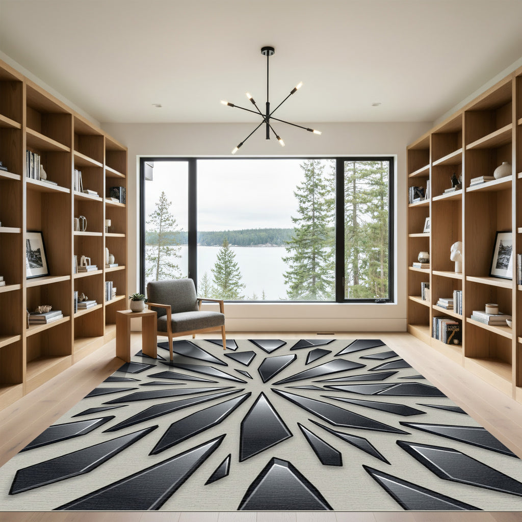 Modern Metallic Charcoal Shattered Glass Art Rug