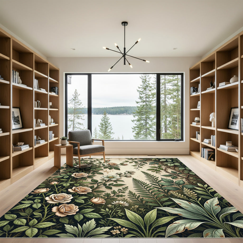 Pastel Botanical Rose and Fern Garden Rug