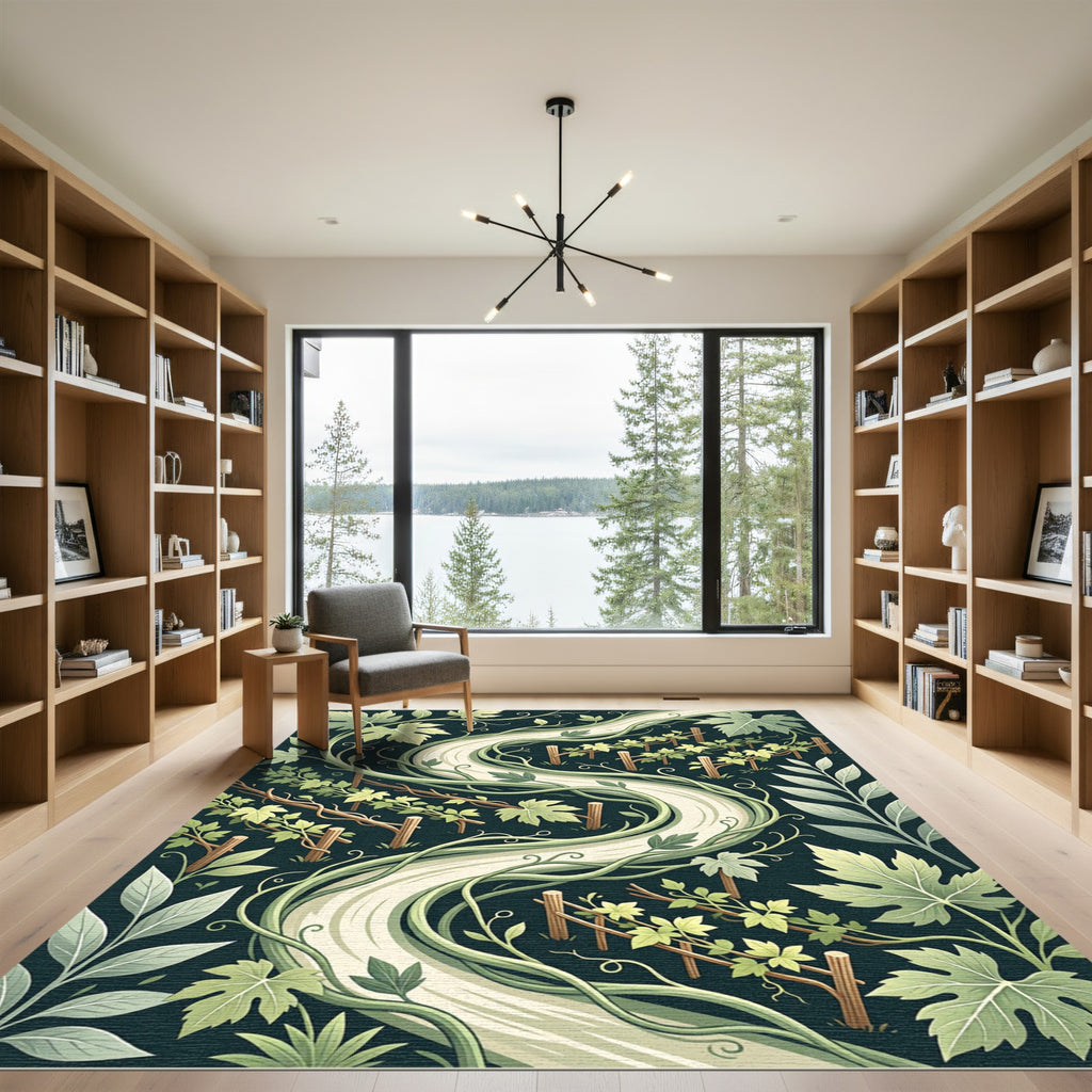 Elegant Sage Green Vineyard Leaf Swirl Rug