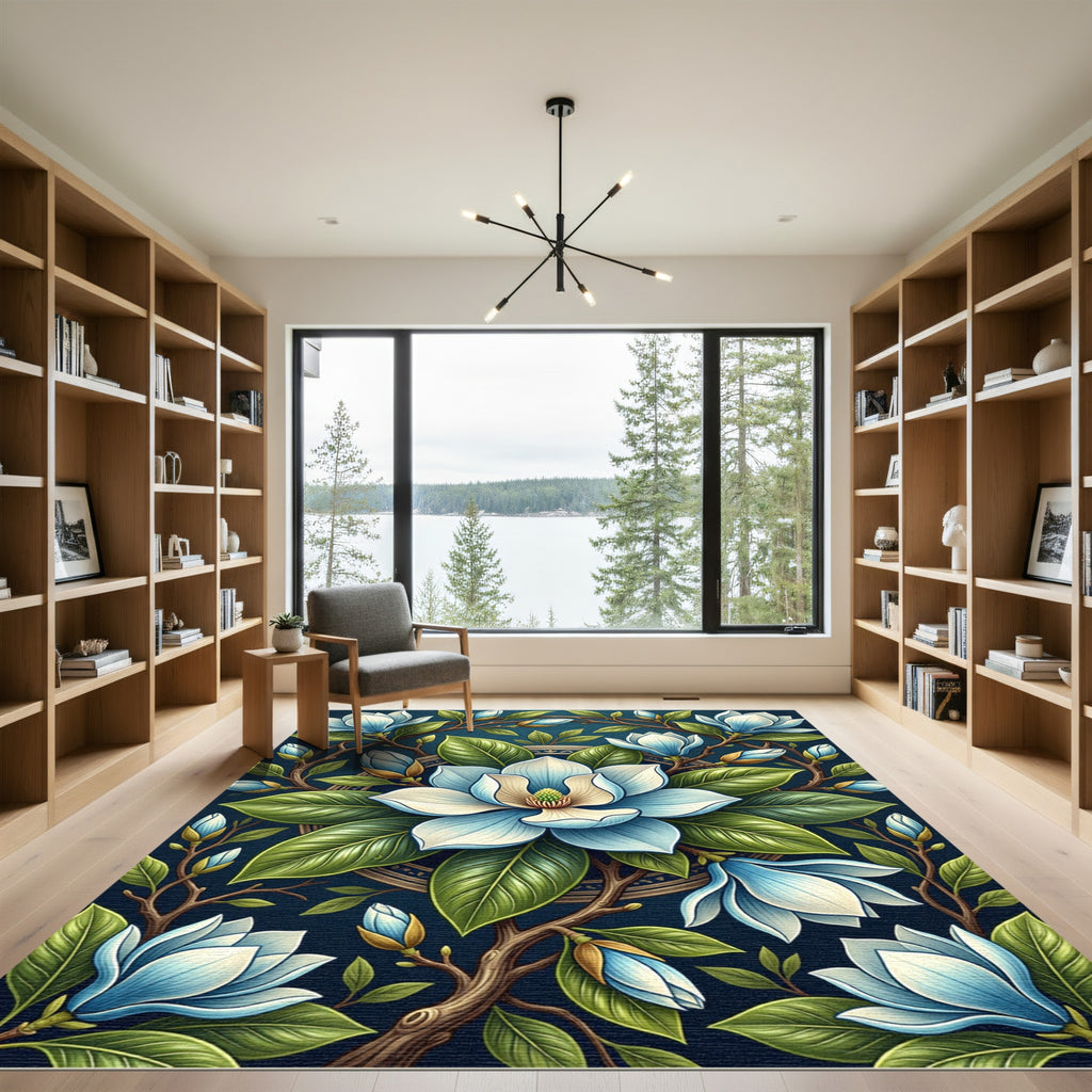 Botanical Blue Magnolia Floral Medallion Rug