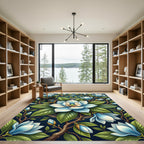 Botanical Blue Magnolia Floral Medallion Rug
