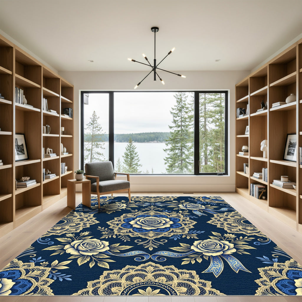 Elegant Royal Blue Cream Rose Medallion Rug