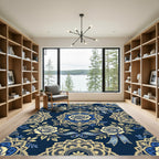 Elegant Royal Blue Cream Rose Medallion Rug