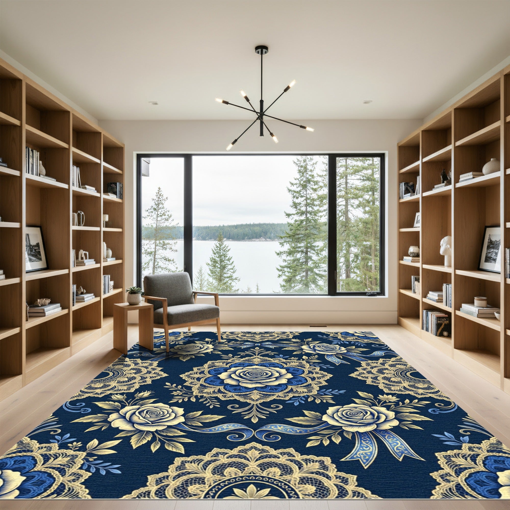 Elegant Royal Blue Cream Rose Medallion Rug