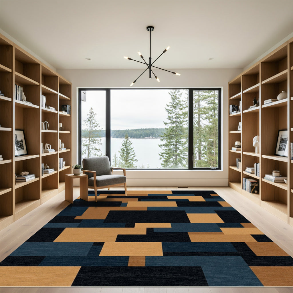 Modern Navy and Ochre Geometric Block Rug