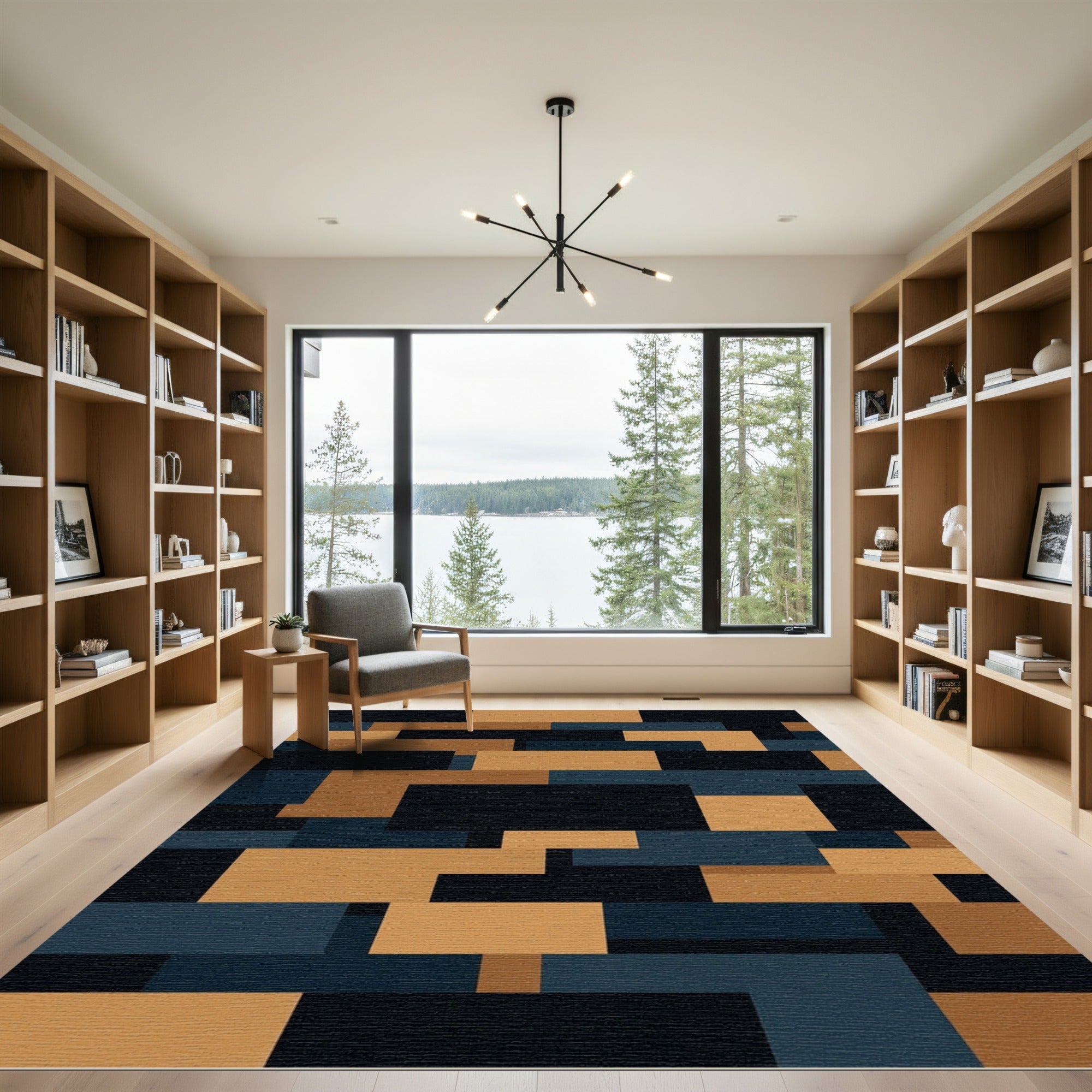 Modern Navy and Ochre Geometric Block Rug