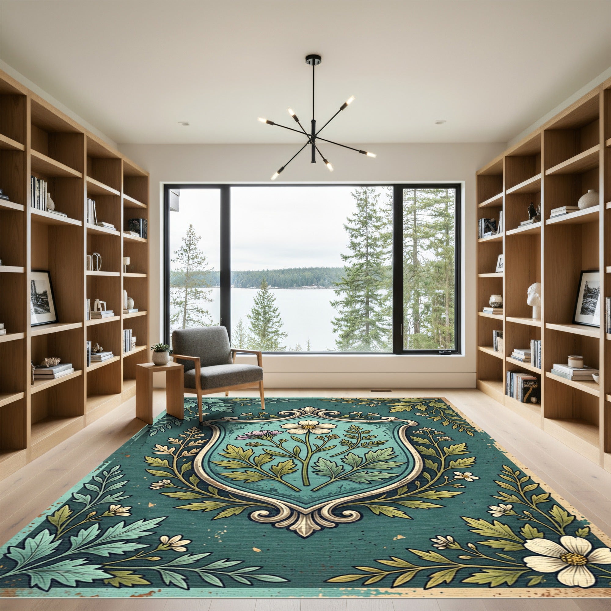 Botanical Floral Crest in Dusty Teal Rug