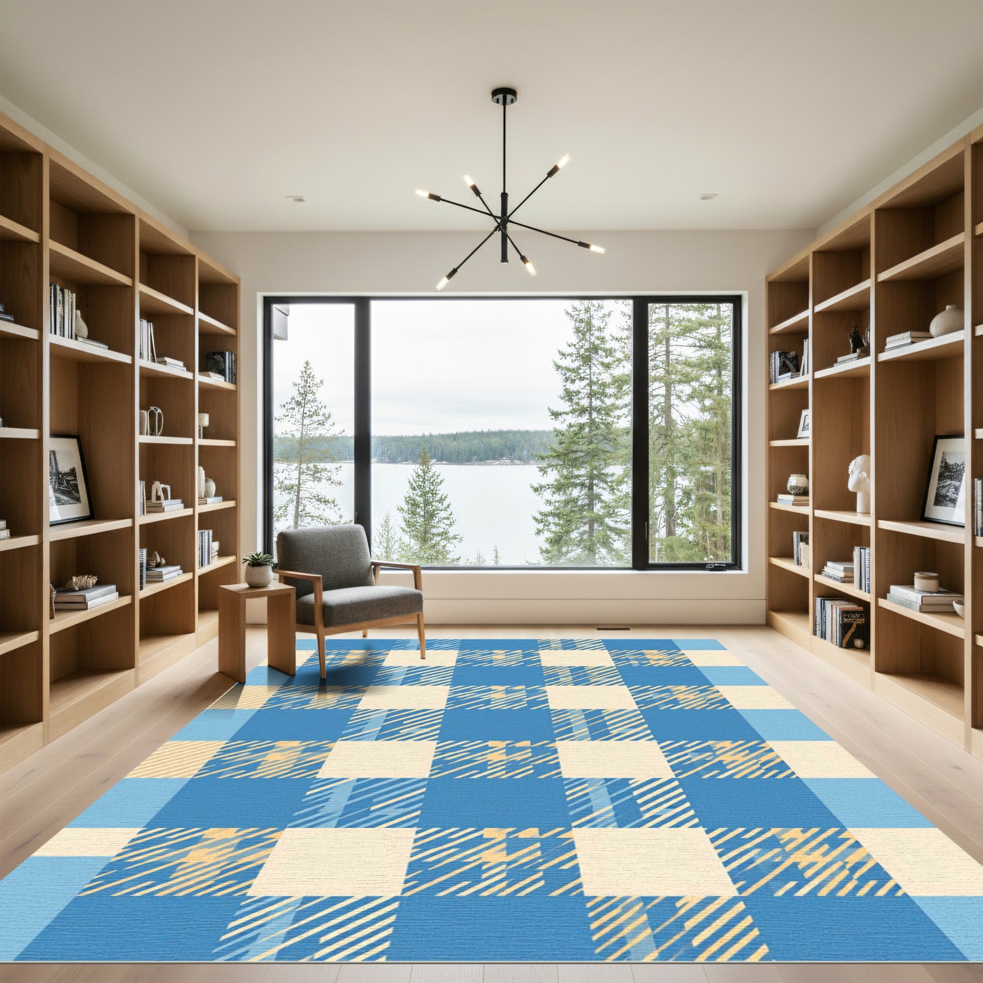 Blue and Cream Gingham Check Grid Rug