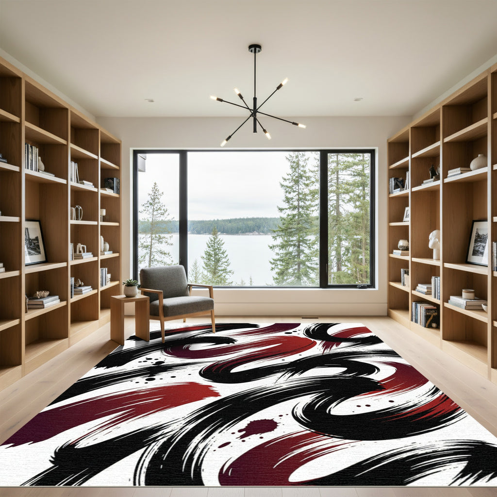 Dynamic Crimson and Black Brushstroke Abstract Rug