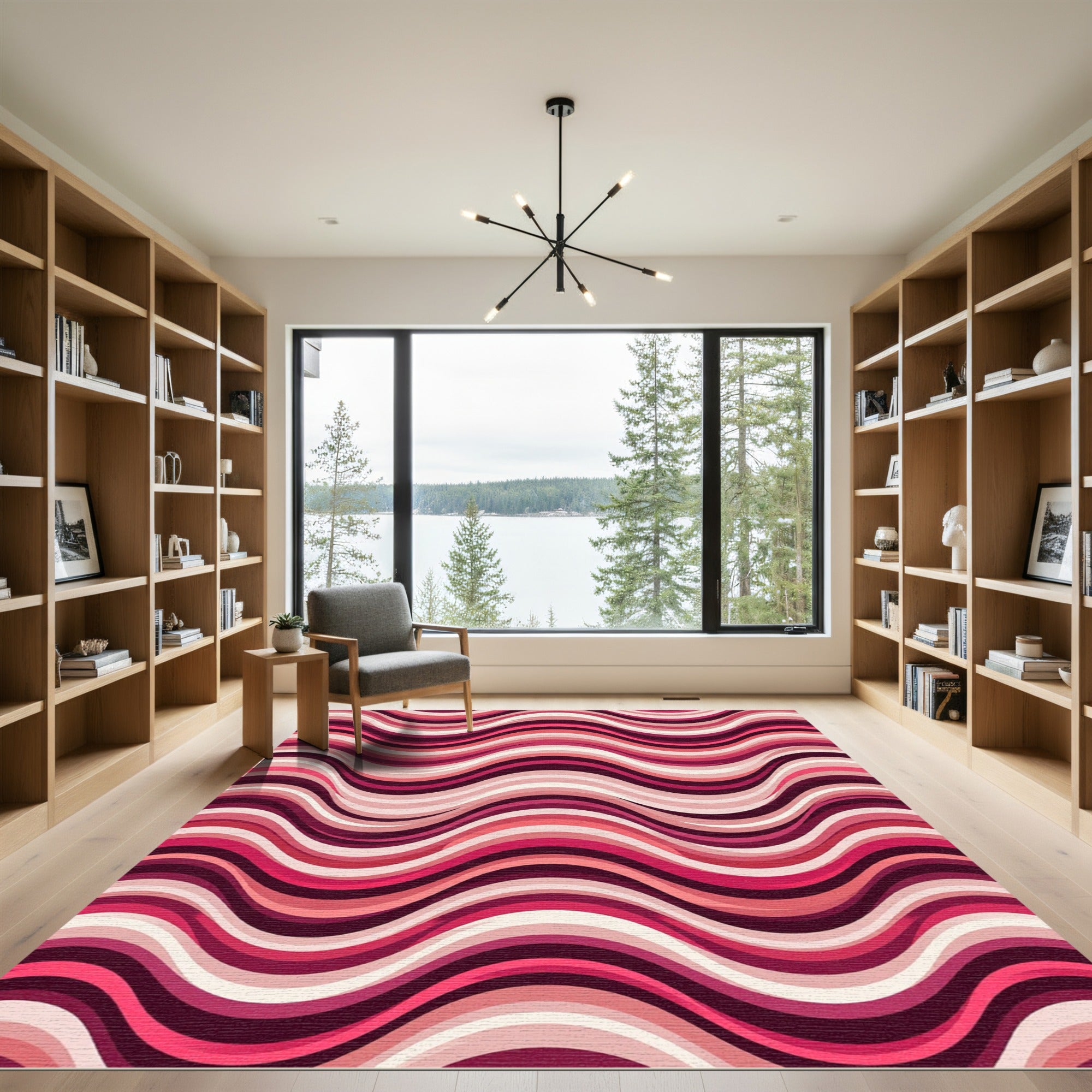 Vibrant Burgundy Rose Wavy Striped Rug