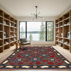 Crimson Blue Golden Arabesque Medallions Rug