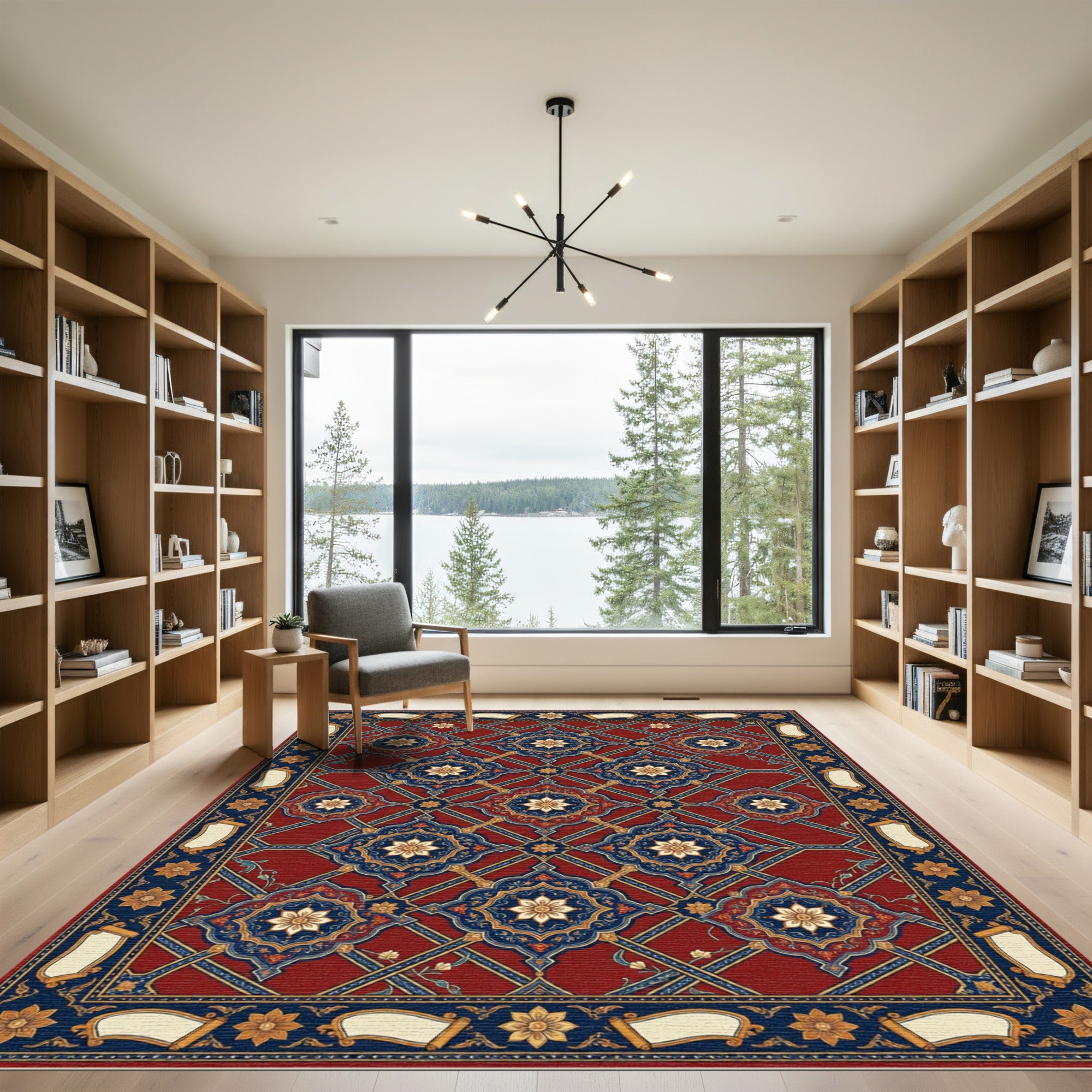 Crimson Blue Golden Arabesque Medallions Rug