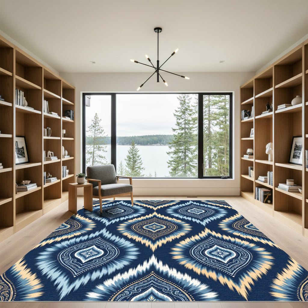 Deep Blue Ikat Diamond Medallion Rug