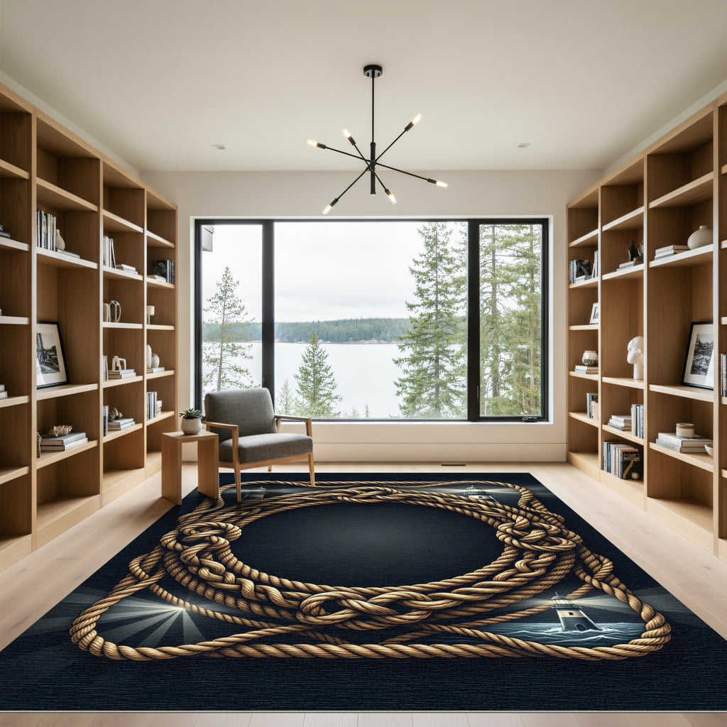 Nautical Rope Lighthouse Scene Frame Rug