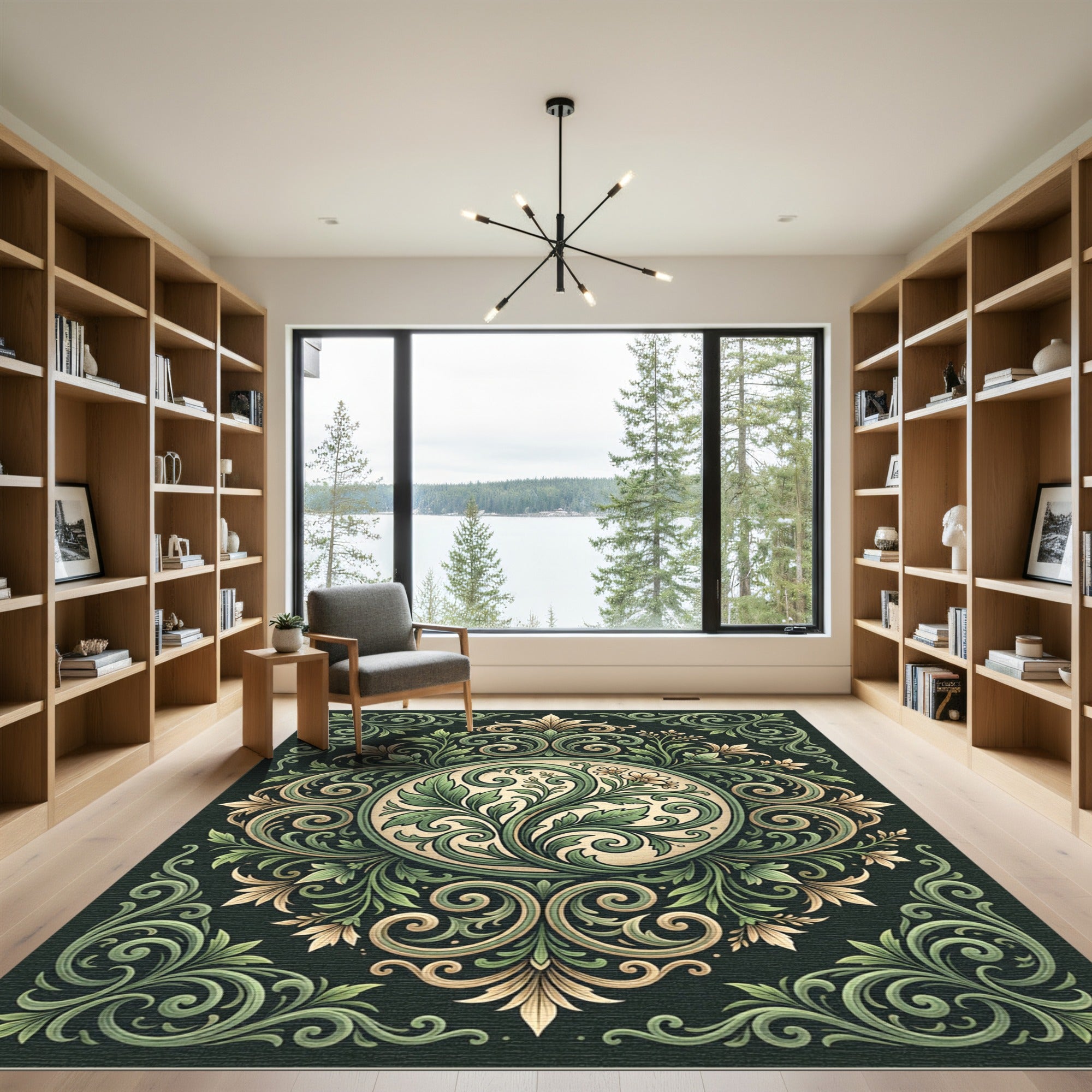 Elegant Sage Verdant Foliage Medallion Rug