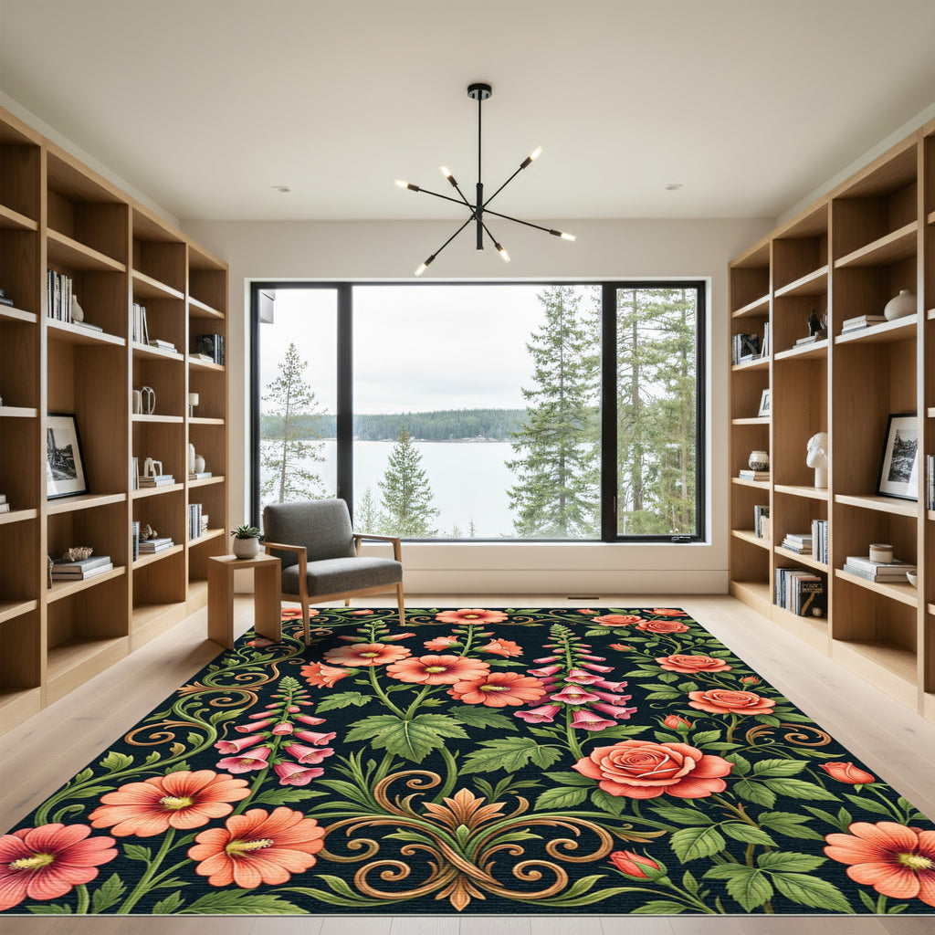 Elegant Peach Floral Garden Scroll Rug