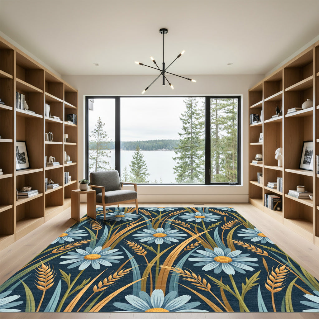 Blue Daisy Wheat Field Garden Rug