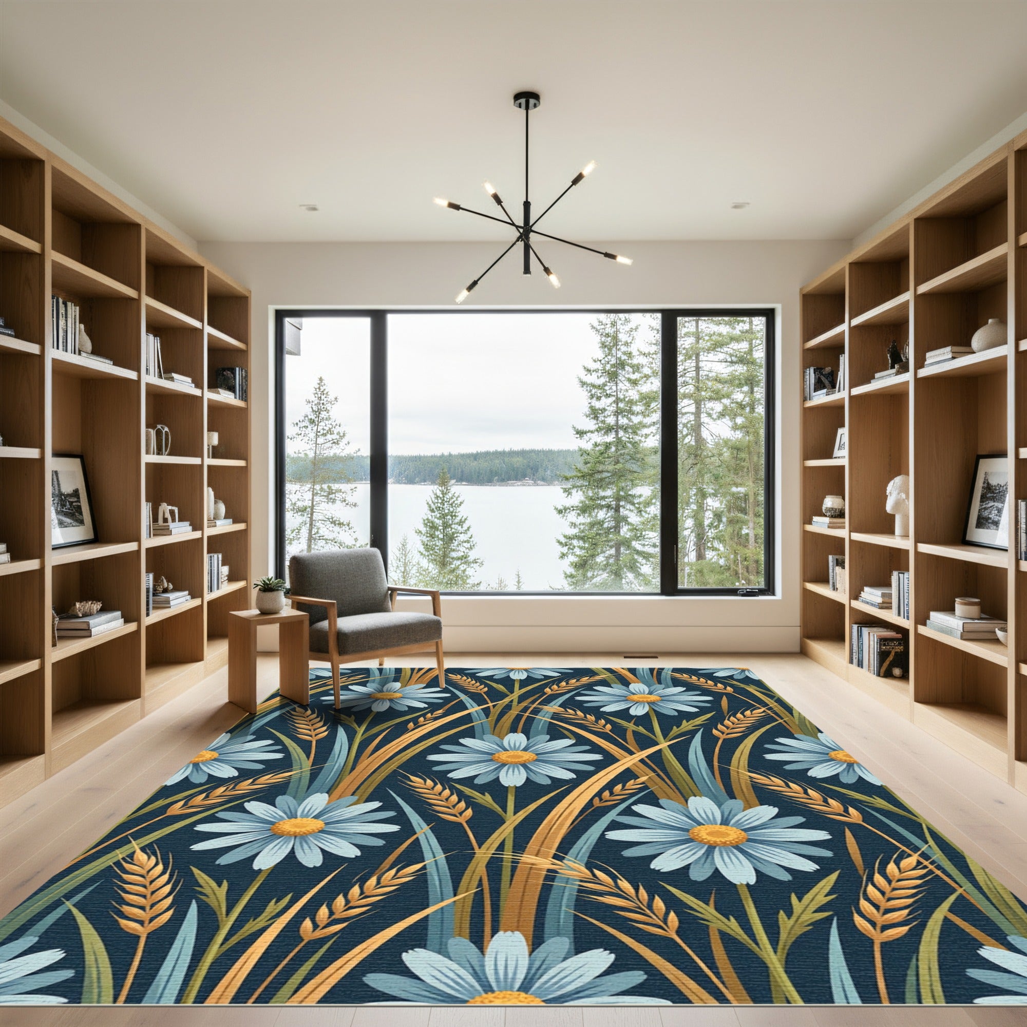 Blue Daisy Wheat Field Garden Rug