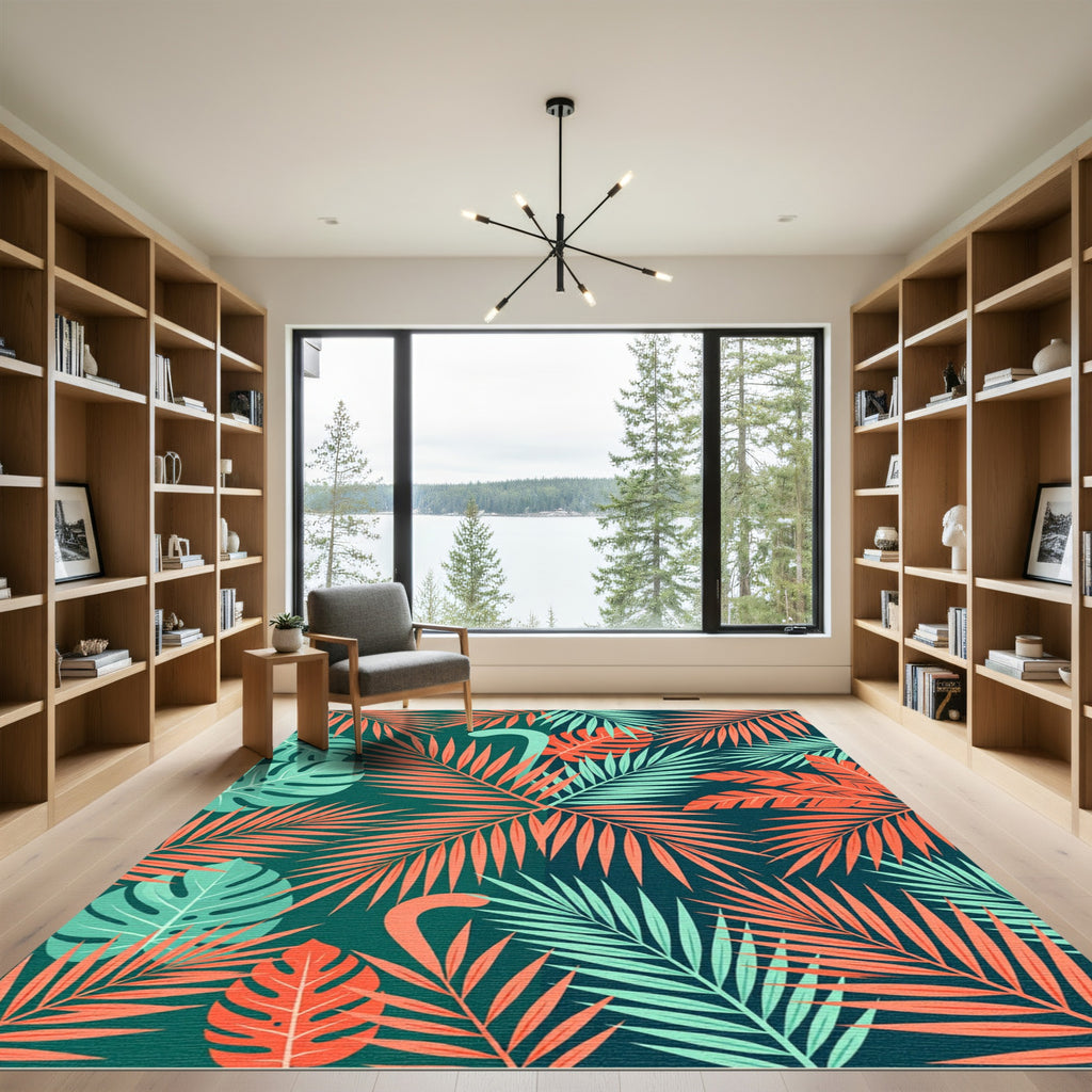 Lush Coral and Mint Tropical Foliage Rug