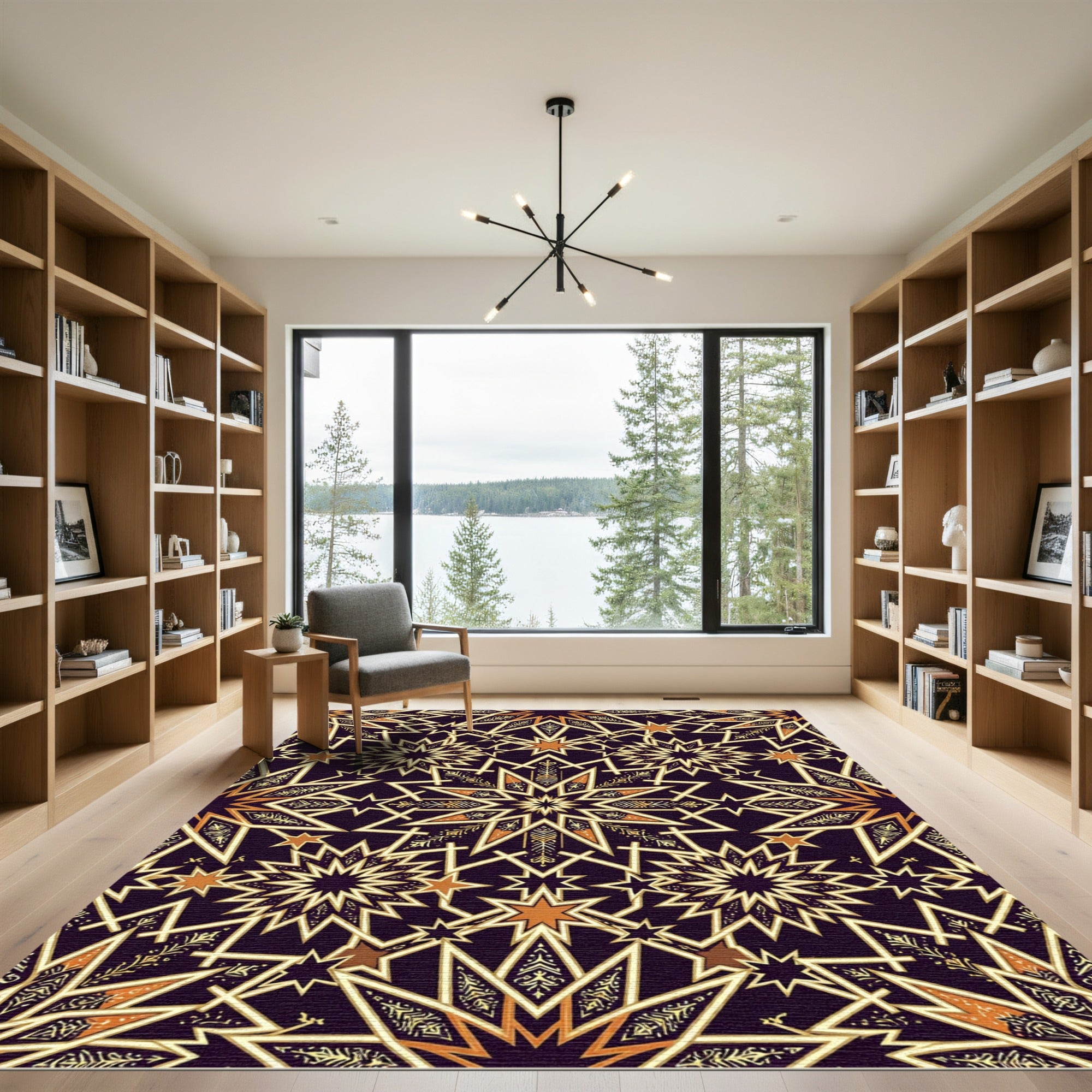 Golden Geometric Star Celestial Medallion Rug