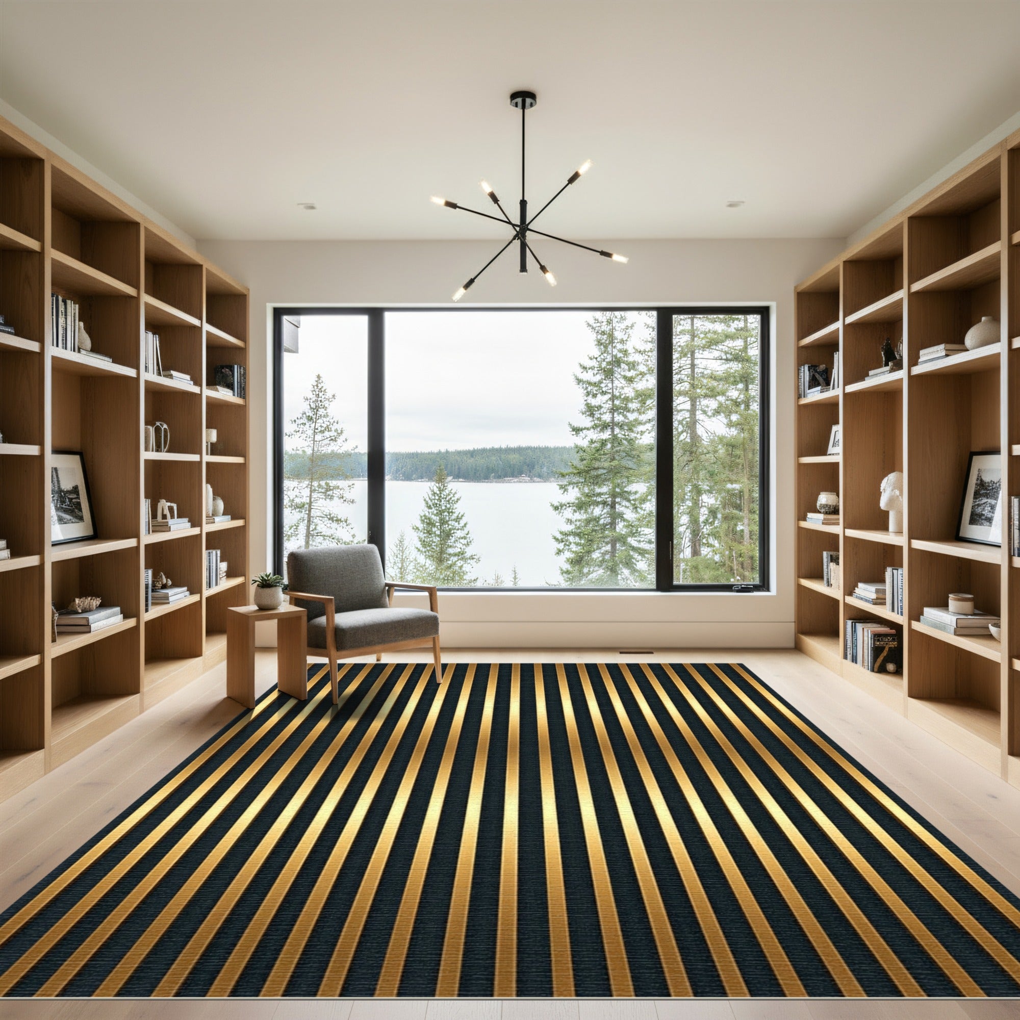 Modern Black Gold Vertical Stripe Rug