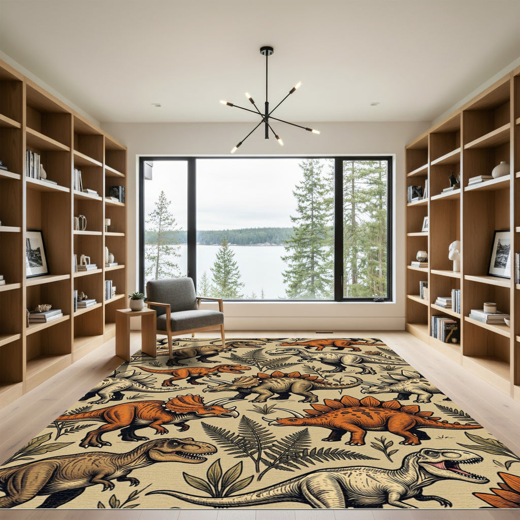 Retro Earthy Dinosaur Fern Wilderness Rug