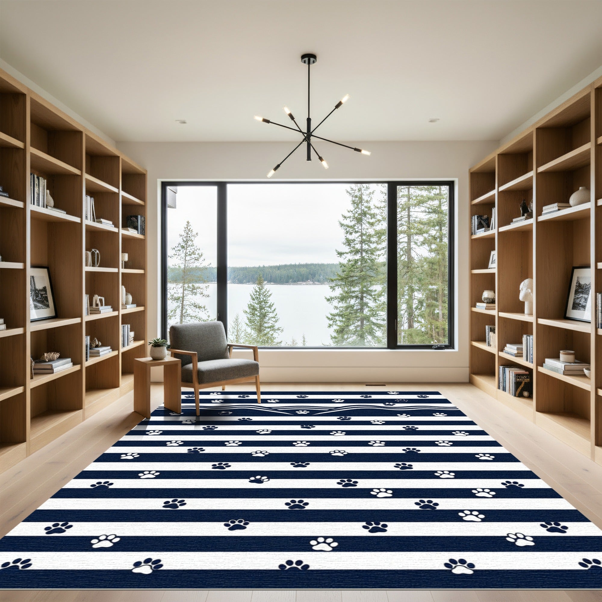 Navy Blue White Wavy Paw Striped Rug