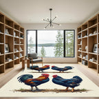Vibrant Red and Blue Rooster Pair Rug