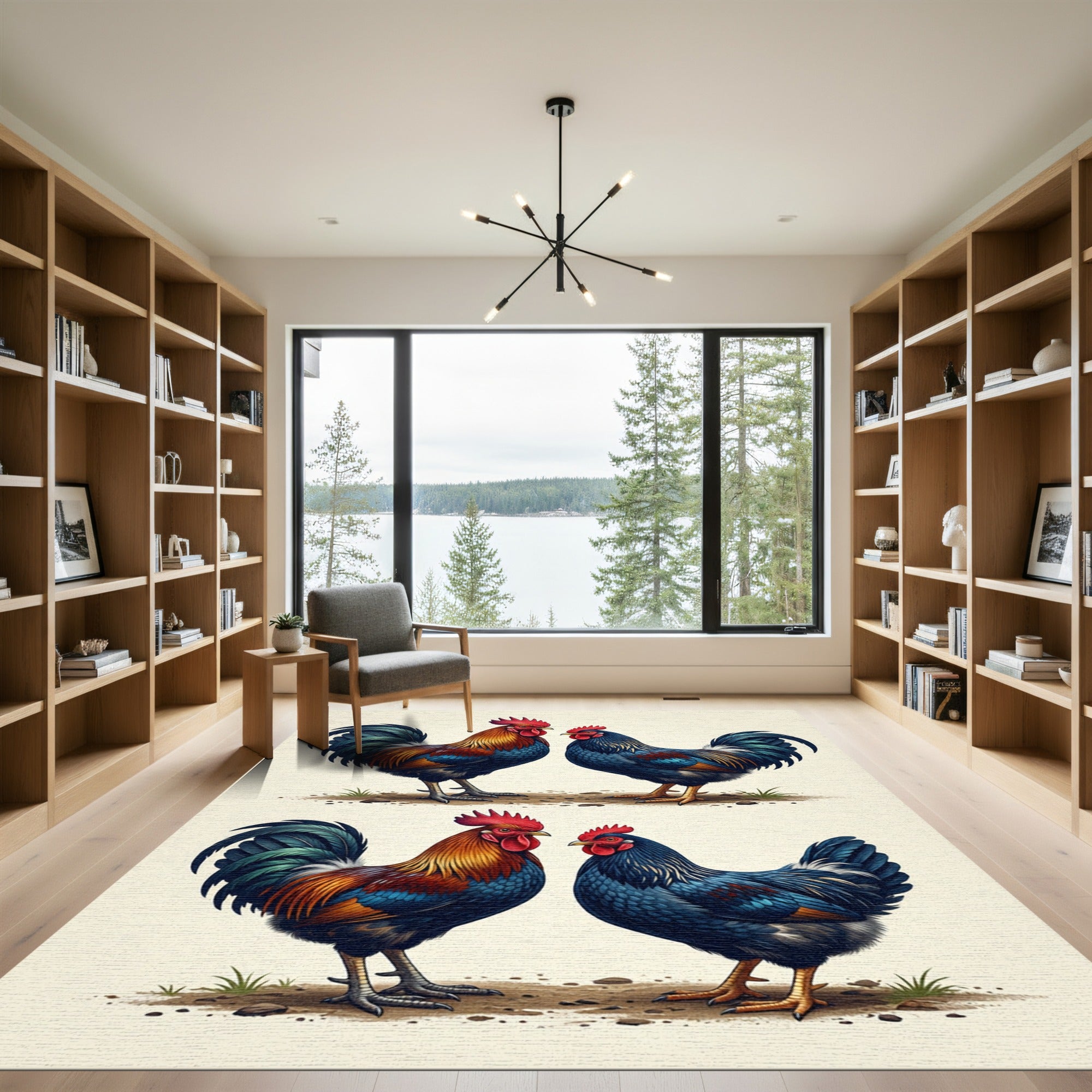 Vibrant Red and Blue Rooster Pair Rug