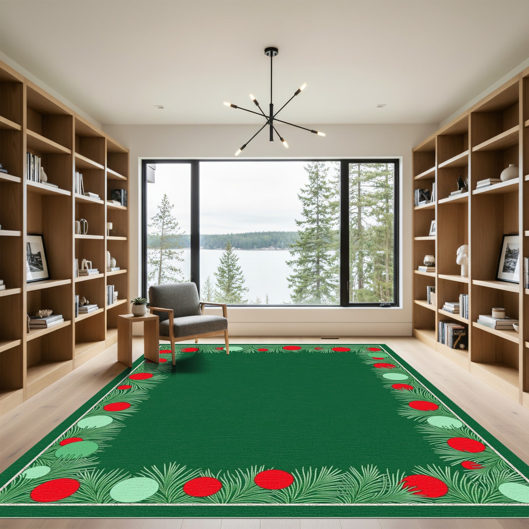 Festive Green Pine Holly Sphere Border Rug