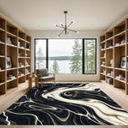 Modern Black and Cream Swirl Marble Rug
