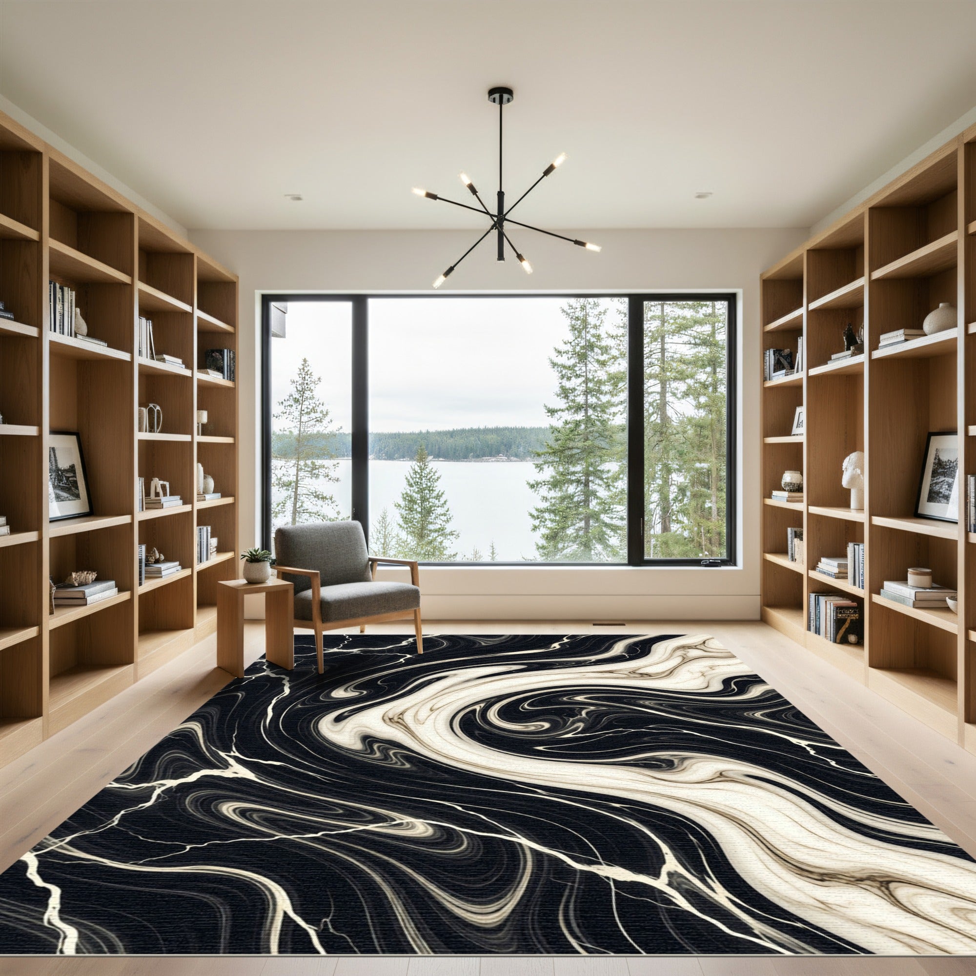 Modern Black and Cream Swirl Marble Rug