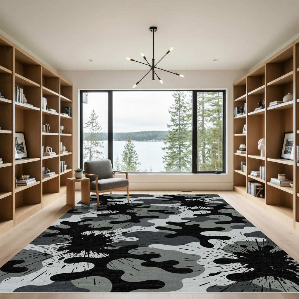 Monochrome Grayscale Ink Splatter Camouflage Rug
