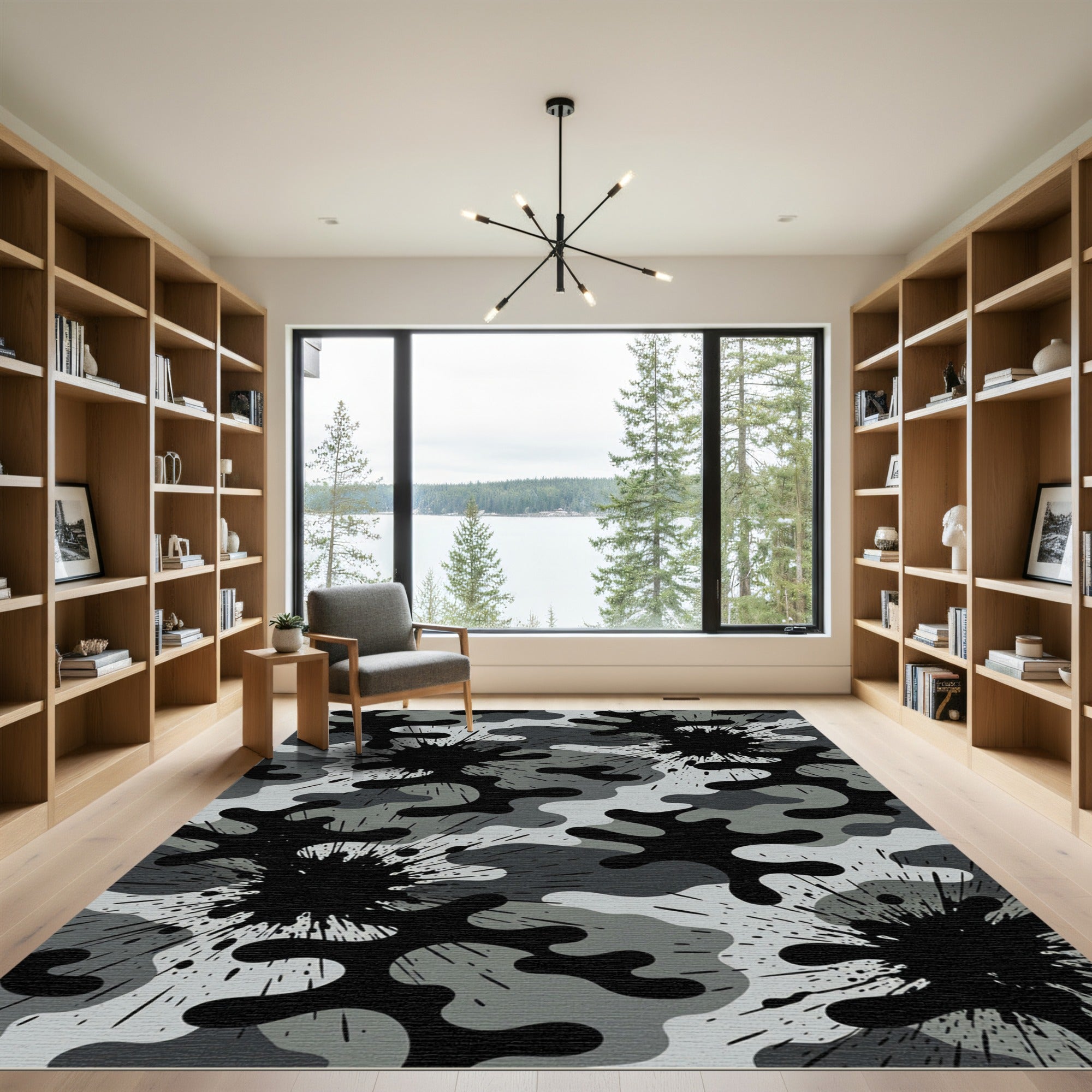 Monochrome Grayscale Ink Splatter Camouflage Rug