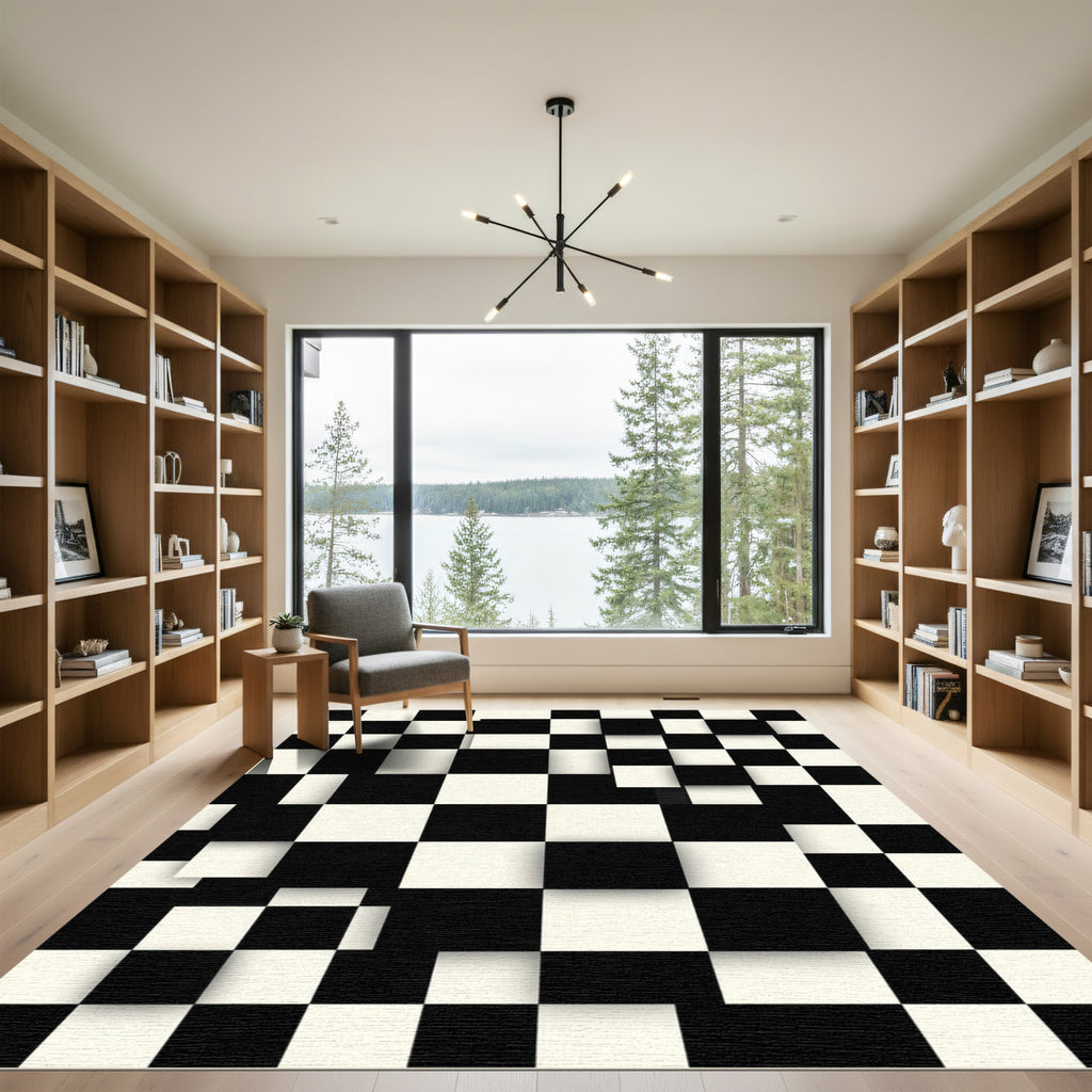 Bold Black White 3D Checkered Squares Rug