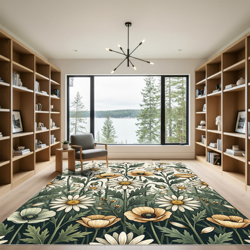Botanical Meadow Daisy and Poppy Field Rug