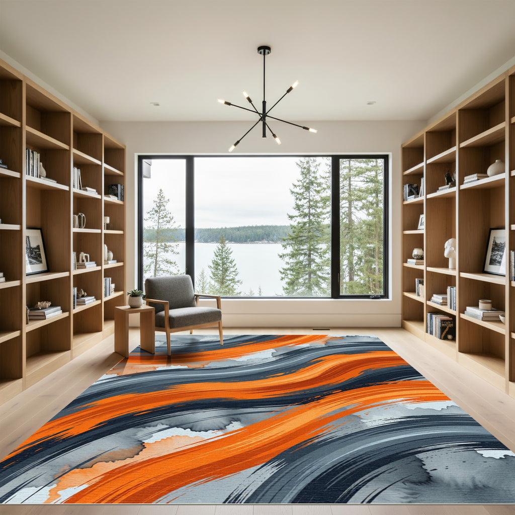 Abstract Orange and Charcoal Wave Rug