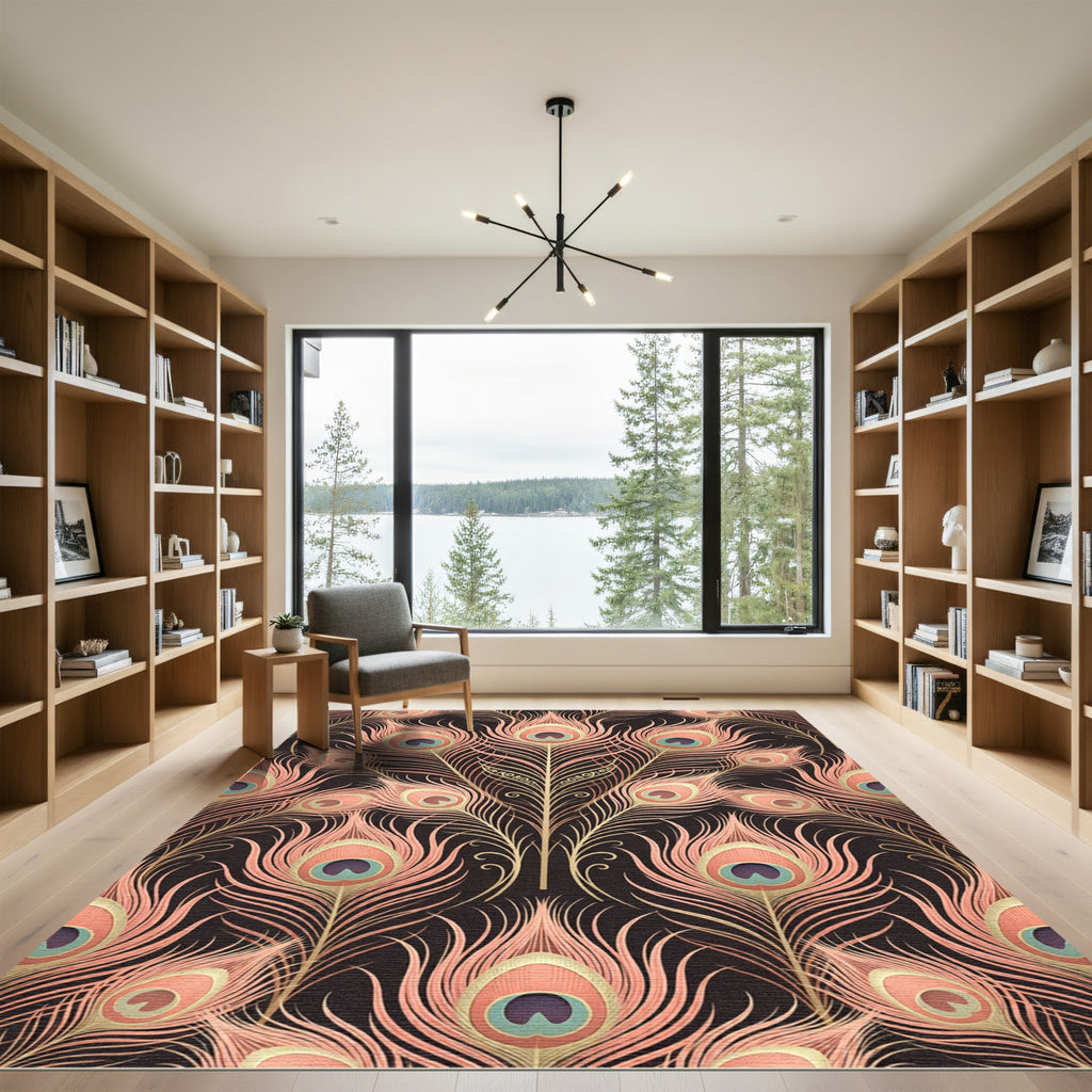 Elegant Peach Peacock Feather Art Deco Rug