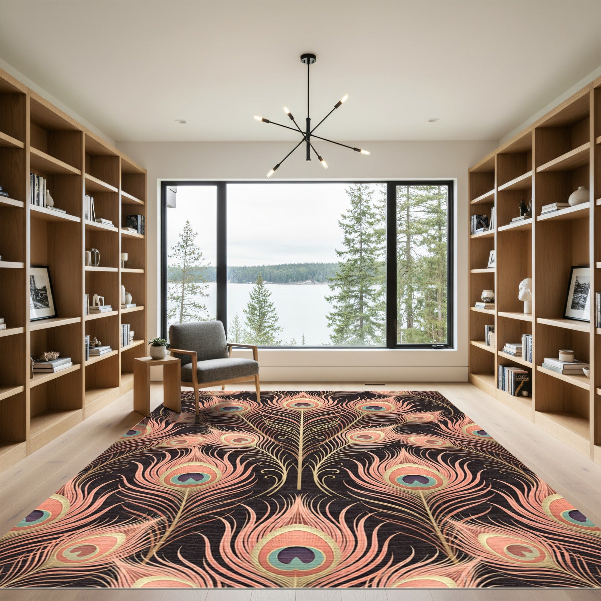 Elegant Peach Peacock Feather Art Deco Rug