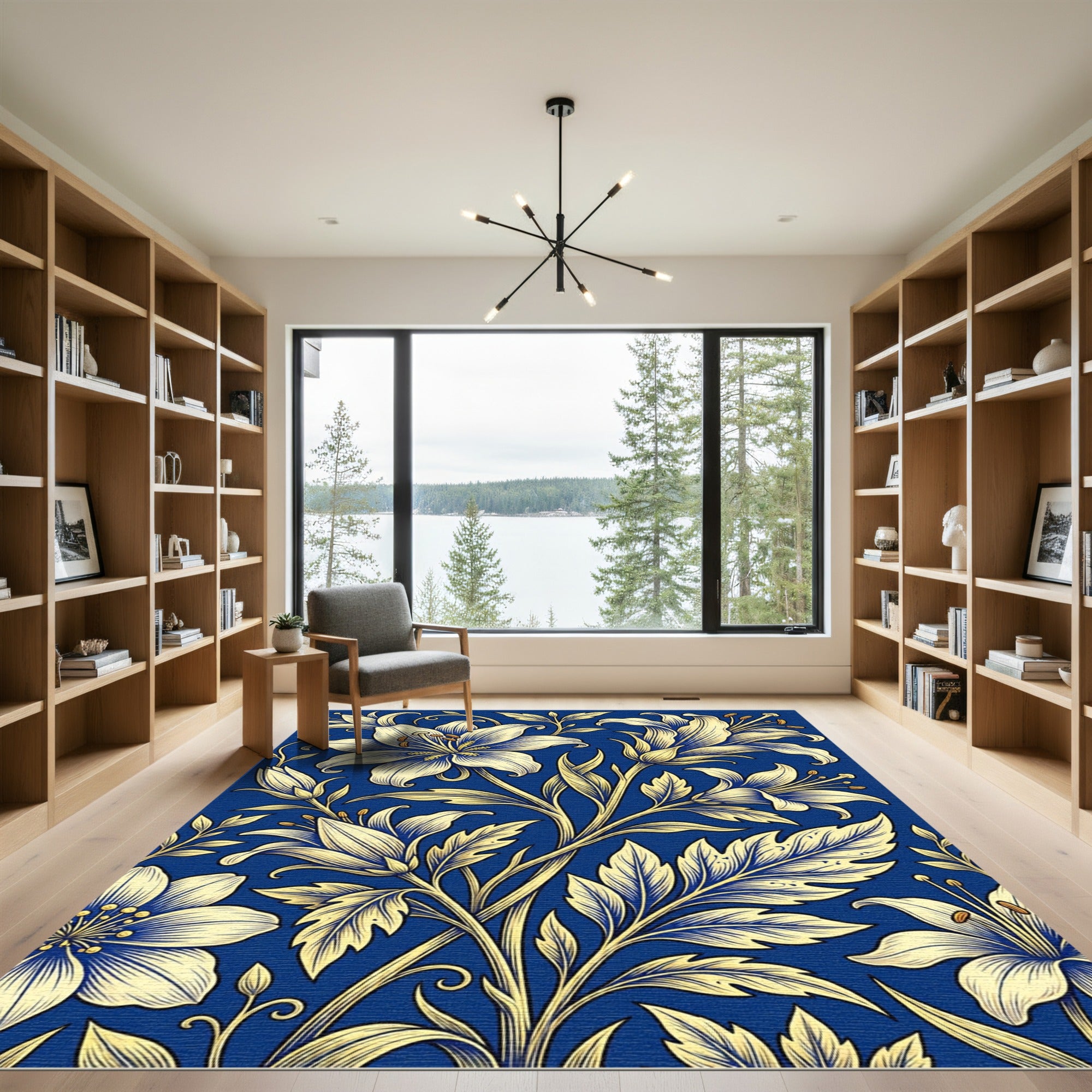 Elegant Golden Lily Floral Cobalt Rug