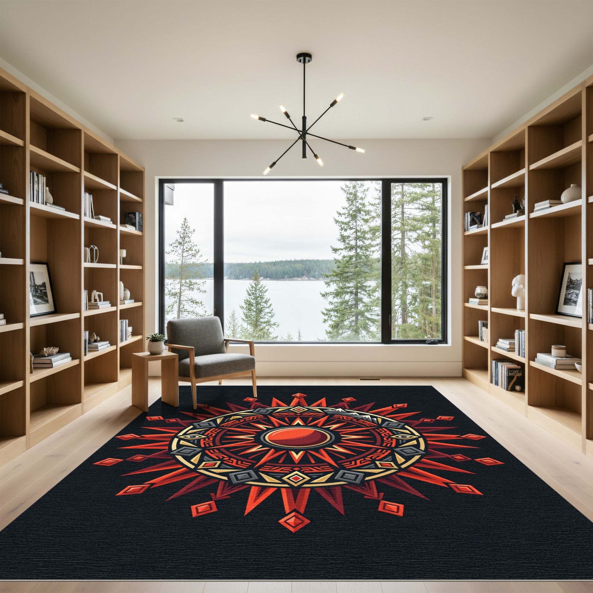 Radiant Crimson Geometric Sunburst Medallion Rug