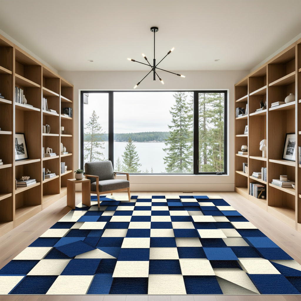 Deep Blue White Geometric Cubes Rug
